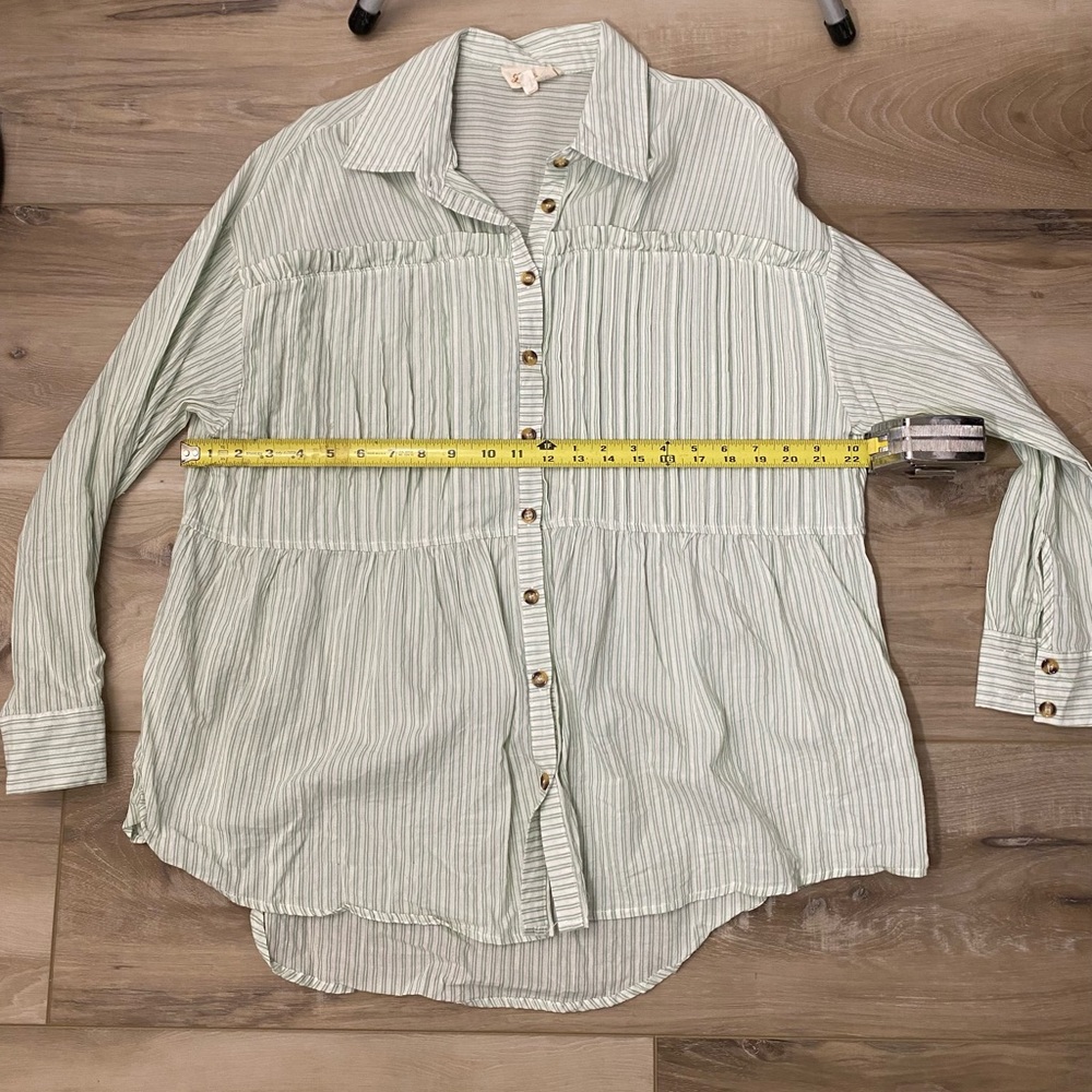 Listicle Green & White Striped Button Down Ruffle Blouse Size Large - Picture 7 of 15